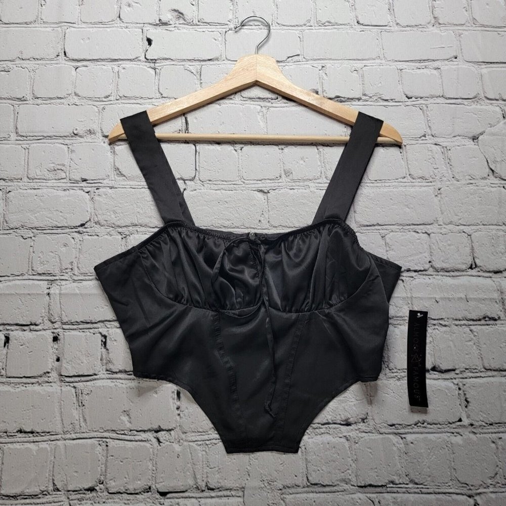 Almost Famous Black Satin Silky Bustier Pattern Crop Top NWT Size L